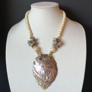 Vintage Artisan Necklace Natural Abalone Bohemian Shell Faux Pearl Silver Bead